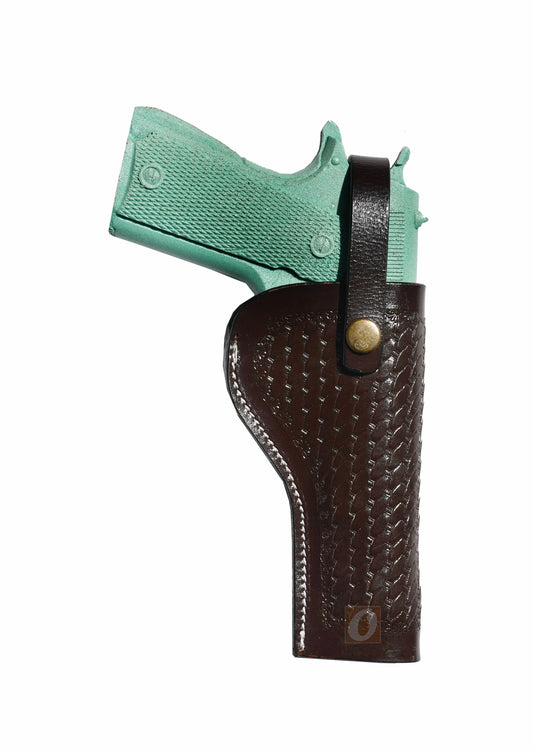 Right-handed brown basket-tooled leather holster for 1911, designed for classic Western-style open carry.