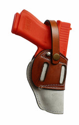 Concealed carry gun holster – premium beige suede leather, ambidextrous design, fits Glock 17, Glock 19, S&W, and Ruger. High-quality leather holster for secure firearm storage.