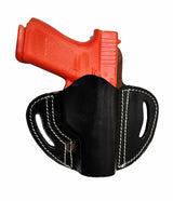 A premium right-handed pancake holster made of durable black leather, designed for Glock models 17, 19, 19X, 23, 25, 26, 27, 28, 32, 33, 45, 48. This sleek and secure Glock holster ensures a snug fit and easy access for everyday carry.
