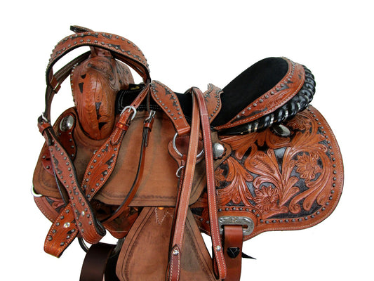 Trail Western Saddle Tooled Leather Barrel Racing Horse Tack 15 16