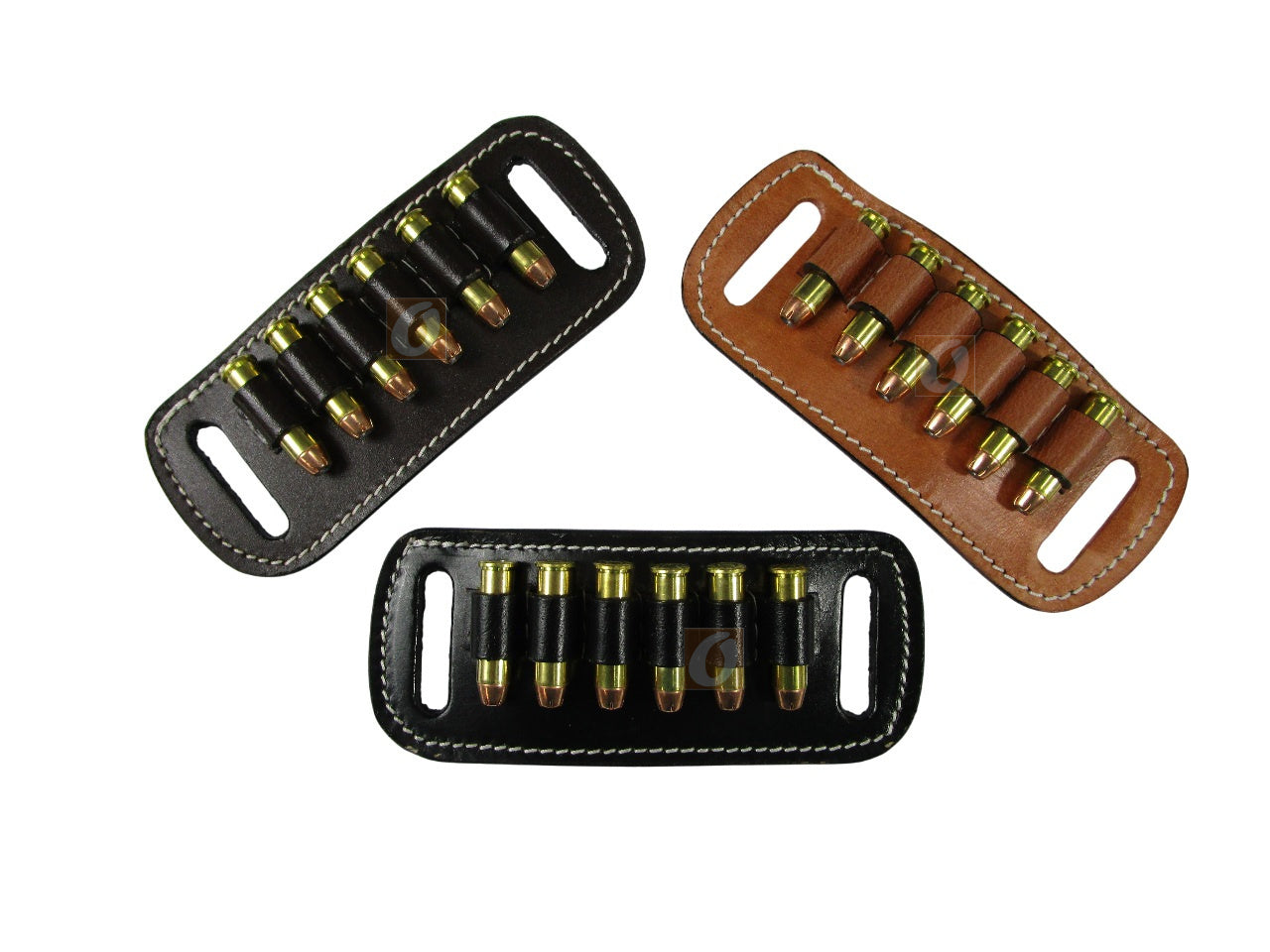 Brown leather belt carrier holding .357 Magnum revolver cartridges