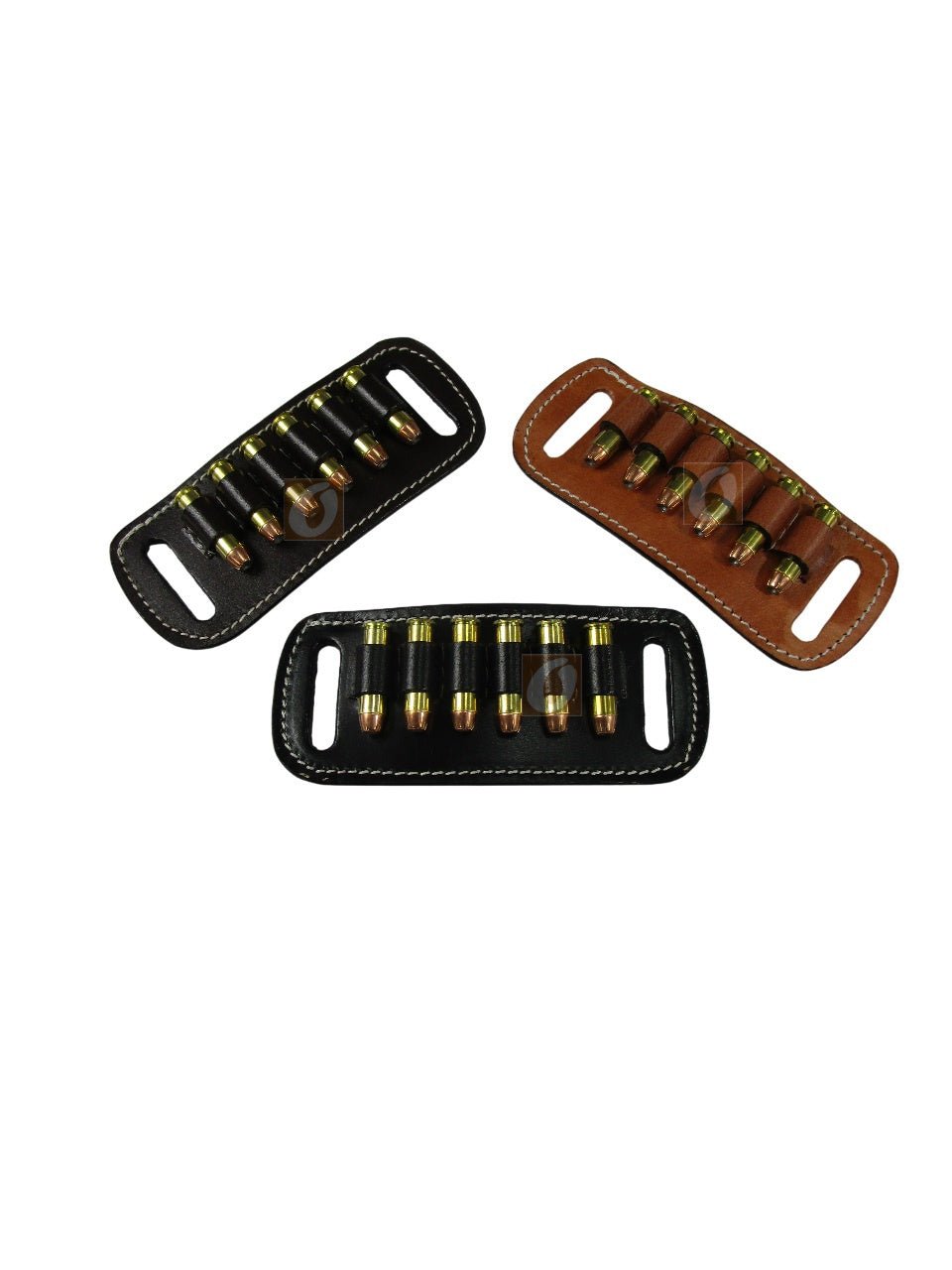 Handmade leather ammo holder for .357 rounds attached to gun belt