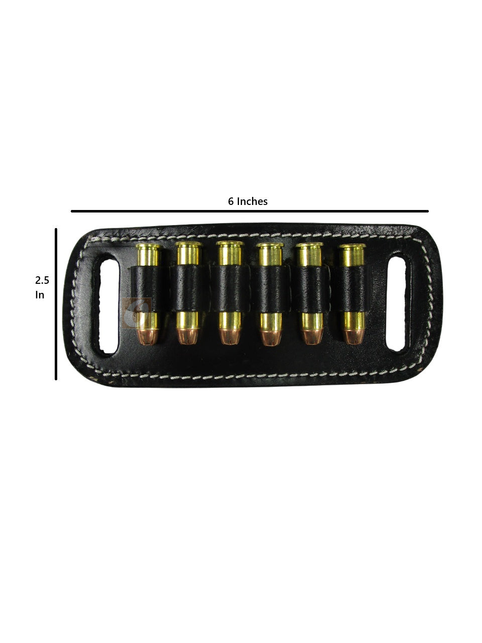 Side view of leather .357 cartridge holder with reinforced stitching