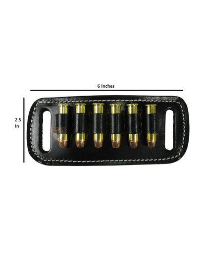 Side view of leather .357 cartridge holder with reinforced stitching