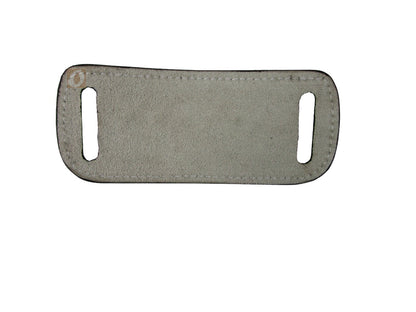 Close-up of leather belt-mounted .357 ammo holder with brass cartridges