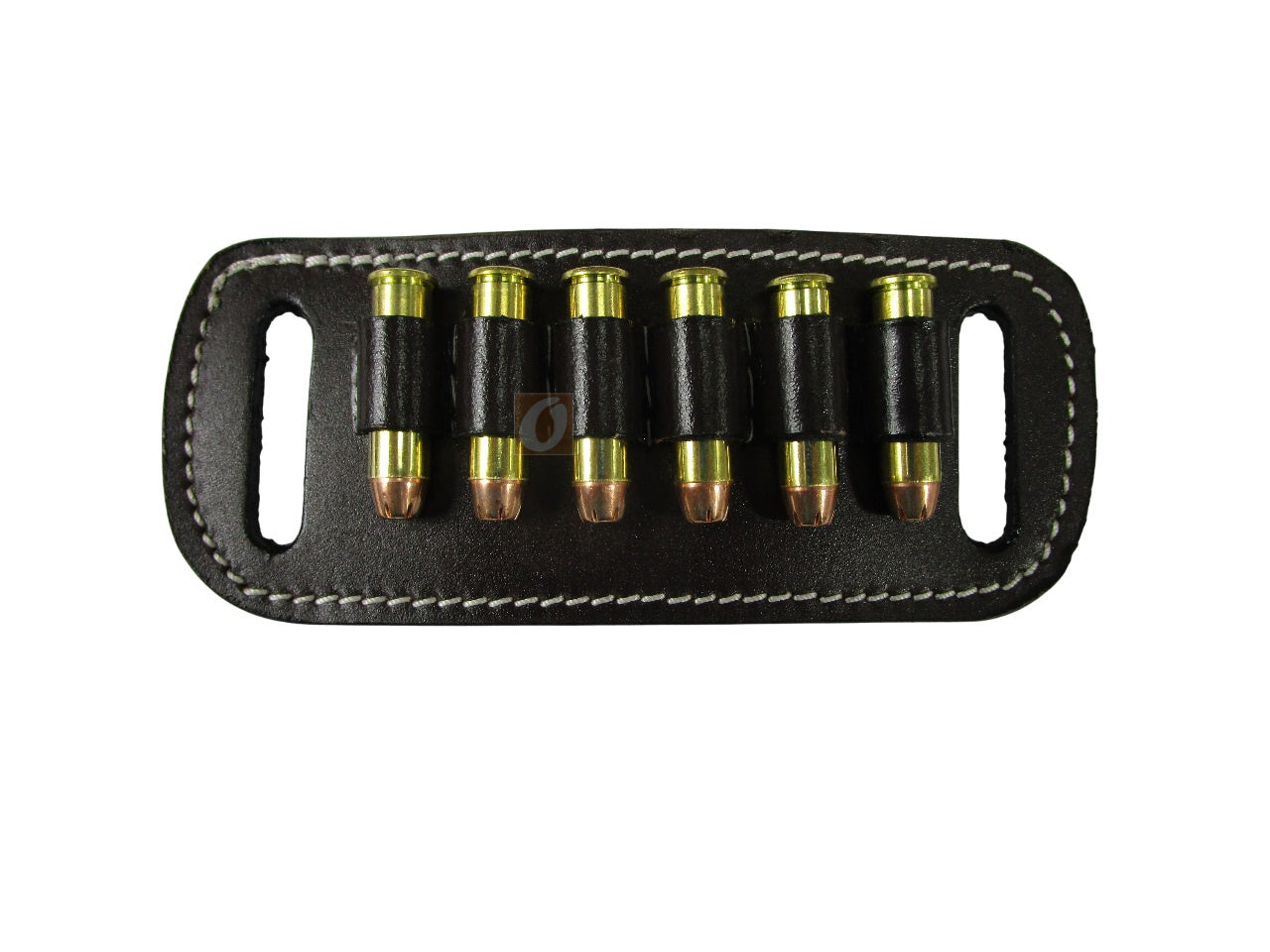Heavy-duty leather ammo holder showing six .357 cartridges in loops