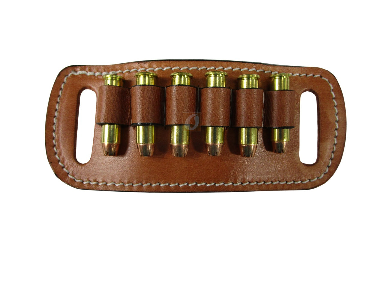 Compact leather .357 Magnum ammo holder secured to leather gun belt