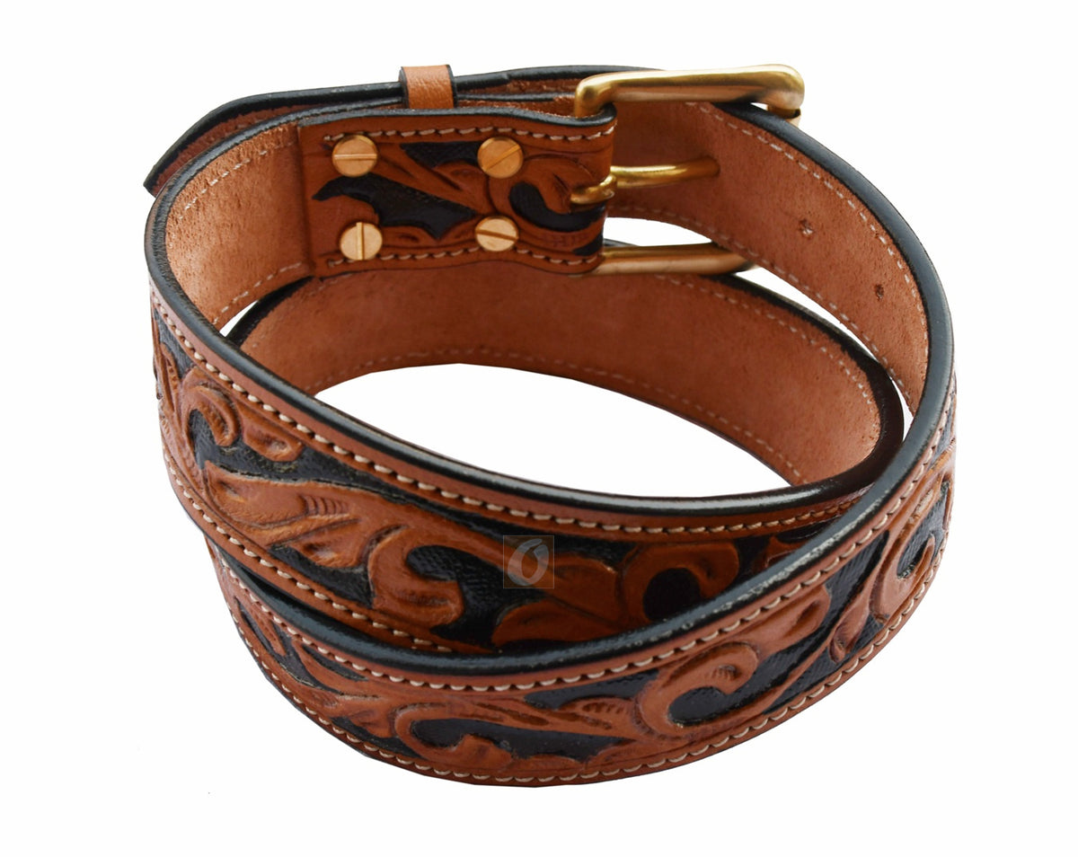 Tooled Leather Belt Ornate Brass Agate Stone Buckle Accent Western PNK BLUZ Western Tooled Square-Buckle Leather Belt - Black | Olderbest main image 3