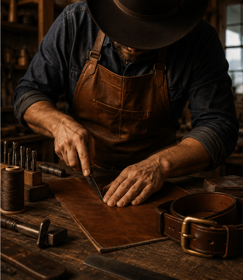Man working with leather in a workshop 