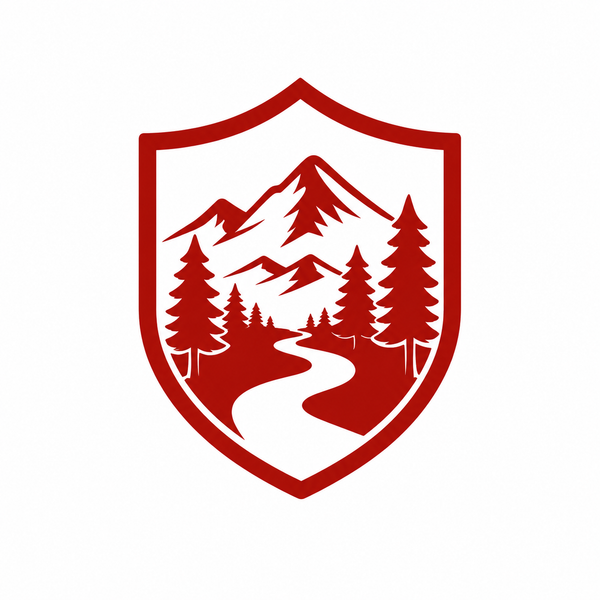 Red and white emblem with mountain and tree design on a white background legacy image