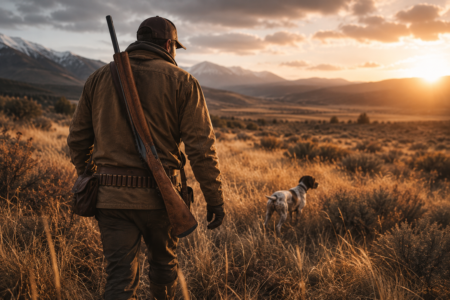 leather gear hero image hunter is in woods with his dog