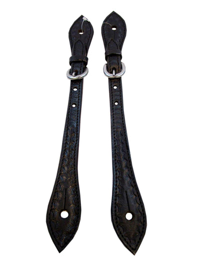 Western Spur Straps Black Basket Weave Tooled Leather Rodeo Barrel