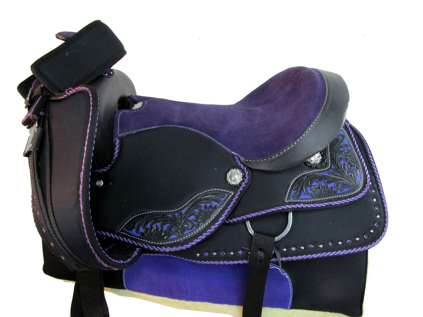 Purple Trail Juego de tachuelas para silla de montar de caballo occidental, placer sintético, 15 16 17