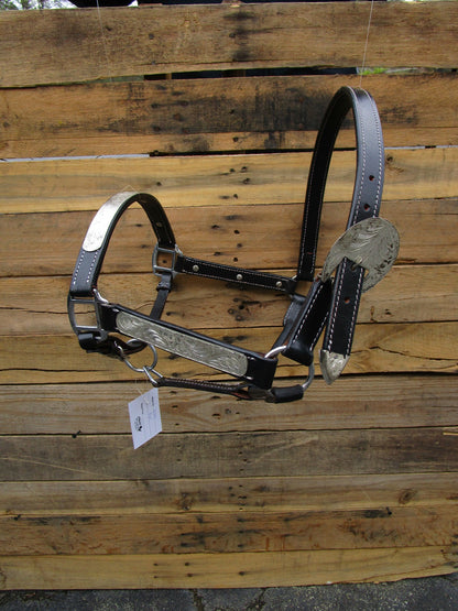 Leather Show Halter Trail Western Horse Black Leather Silver