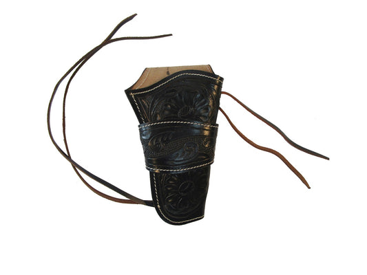 Right hand black leather holster with floral tooling, ideal for revolvers and 1911 pistols. Unique floral pattern adds elegance while ensuring durability and comfort.