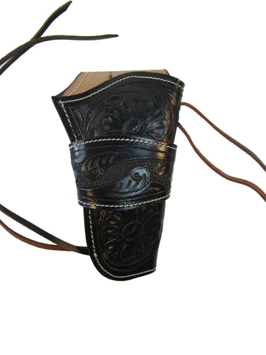 Right hand black floral tooled leather holster, designed for revolvers and 1911 pistols. Features intricate floral detailing for a stylish, secure, and comfortable fit.