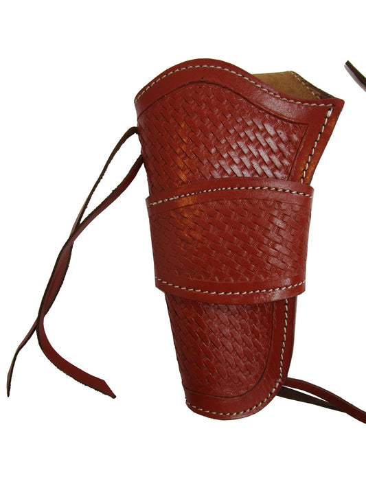 Left-handed red leather holster with basket weave tooling – handcrafted holster for revolvers and 1911 pistols, offering durability and style.