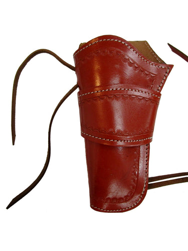 Red leather holster with intricate sea shell tooling – premium holster for 1911 and revolvers, designed for secure firearm carry. left handed