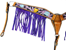 Purple Fringe Show Tooled Trail Western Headstall Breast Collar Set