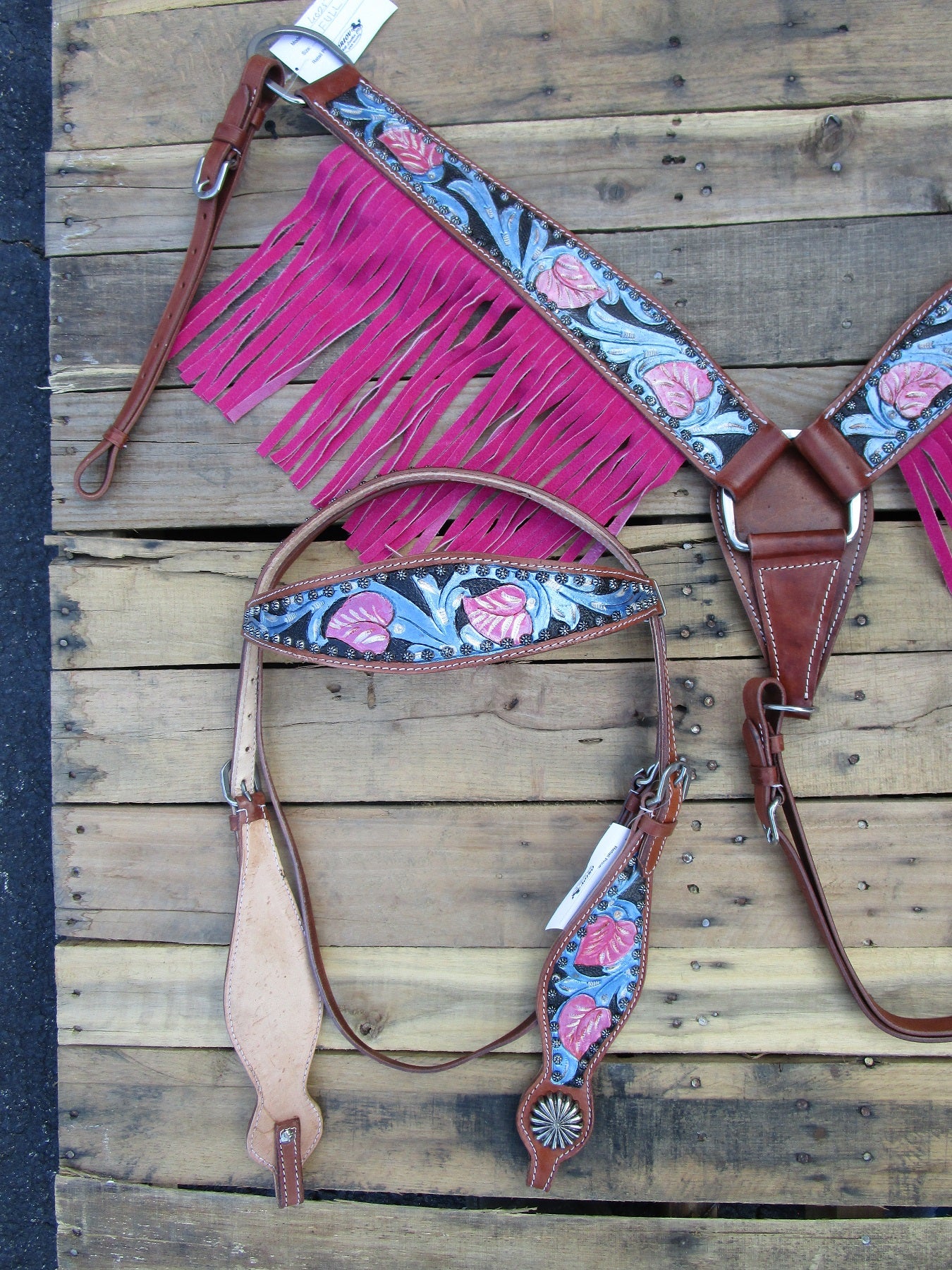 Headstall Collar de pecho con flecos rosas y cuero con herramientas azules para caballo occidental