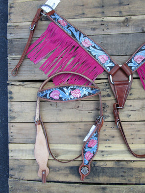 Headstall Breast Collar Pink Fringe Blue Leather Western Horse