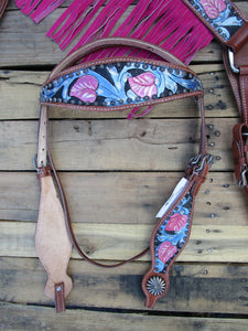 Kopfstück-Brusthalsband, rosa Fransen, blau bearbeitetes Leder, Westernpferd