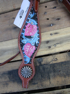 Headstall Breast Collar Pink Fringe Blue Tooled Leather Western Horse
