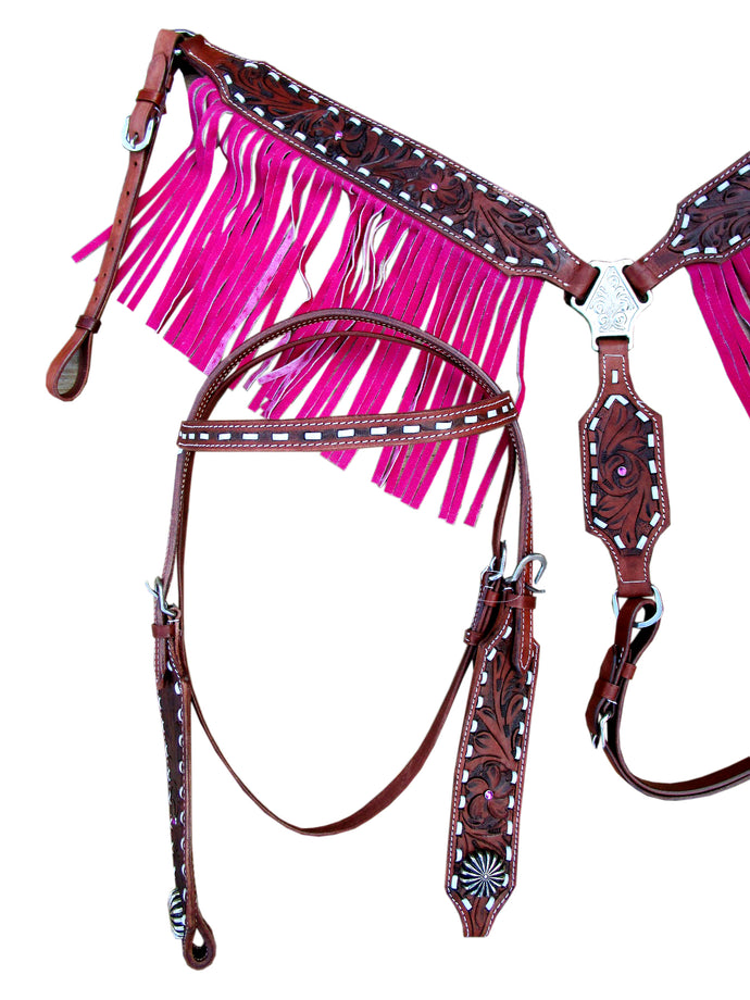 Western Headstall Breast Collar Set Pink Fringe Buck stitch Leather Horse