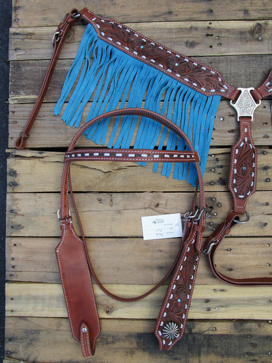 Western Headstall Breast Collar Blue Fringe Buck stitch Leather Horse