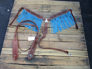 Western-Kopfstück, Brusthalsband, blaue Fransen, Buck-Stitch-Leder, Pferd