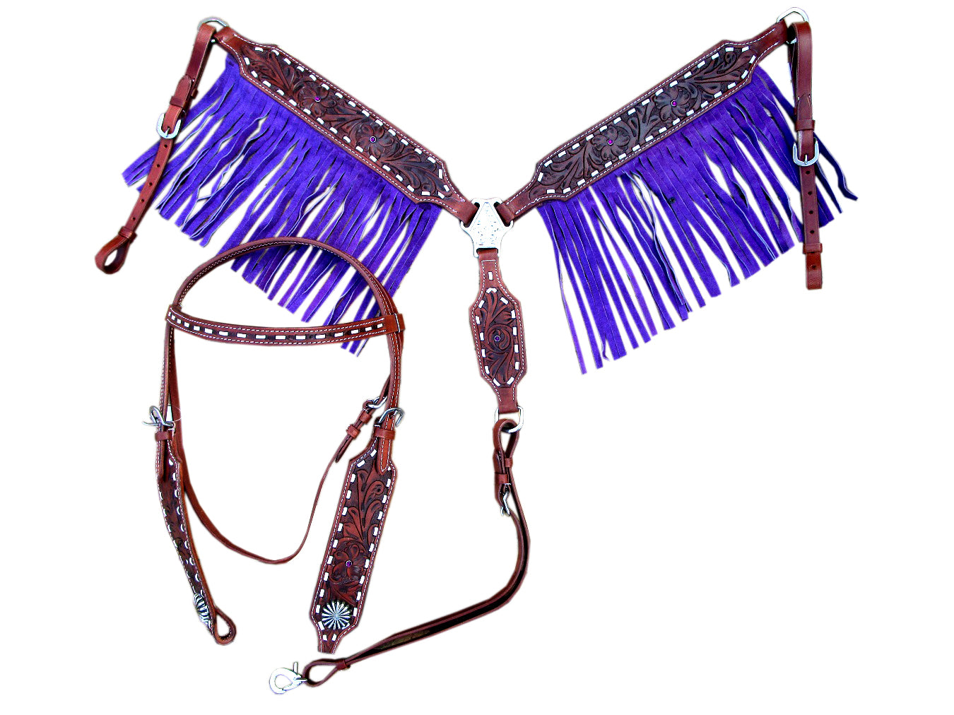 Circle Y fringed silver star Western breast collar / headstall set