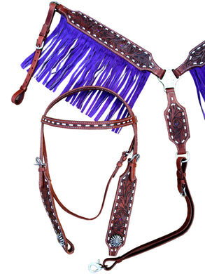 Western Headstall Breast Collar Set Purple Fringe Tooled Leather Horse