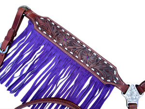 Western Headstall Breast Collar Set Purple Fringe Tooled Leather Horse