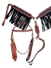 Black Fringe Western Headstall Breast Collar Set Tooled Leather Horse