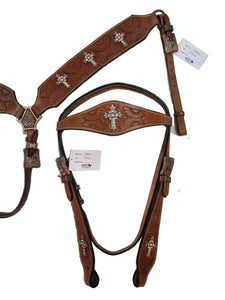 Copper Cross Studded Western Trail Barrel Headstall Breast Collar Set Tack