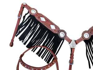 Headstall Breast Collar Set Black Fringe Show Leather Western Tack