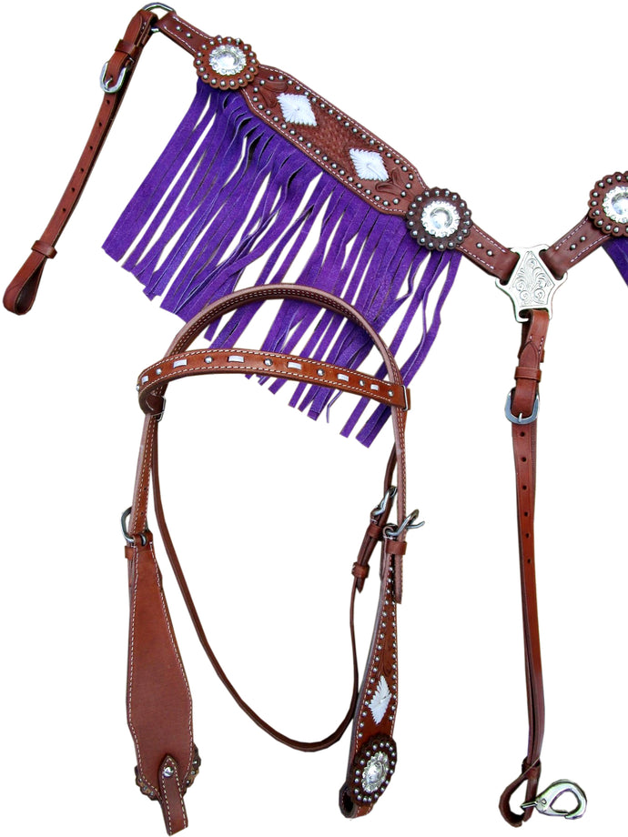 Western Headstall Breast Collar Set Purple Fringe Horse Leather Bridle
