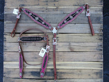 Headstall Breast Collar Pink Black Bling Leather Western Horse Bridle