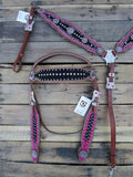 Headstall Breast Collar Pink Black Bling Leather Western Horse Bridle