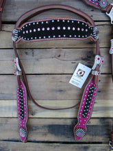 Headstall Breast Collar Pink Black Bling Leather Western Horse Bridle