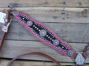 Headstall Breast Collar Pink Black Bling Leather Western Horse Bridle