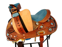 12 13 Silla de montar occidental para niños y jóvenes de cuero con barril de pony azul turquesa