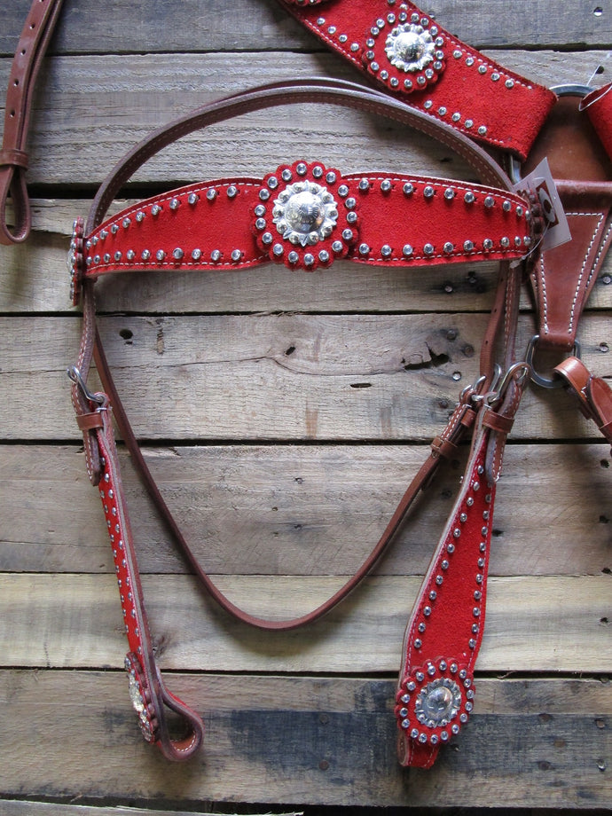 Western Headstall Breast Collar Red Silver Show Horse Leather Bridle