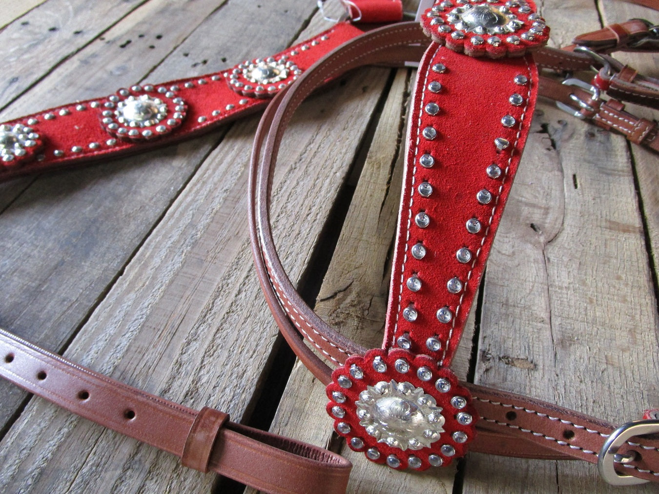 Western Headstall Breast Collar Red Silver Show Horse Leather Bridle