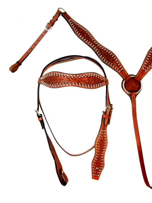 Conjunto de collar de pecho con cabezal occidental, cuero labrado con pespuntes