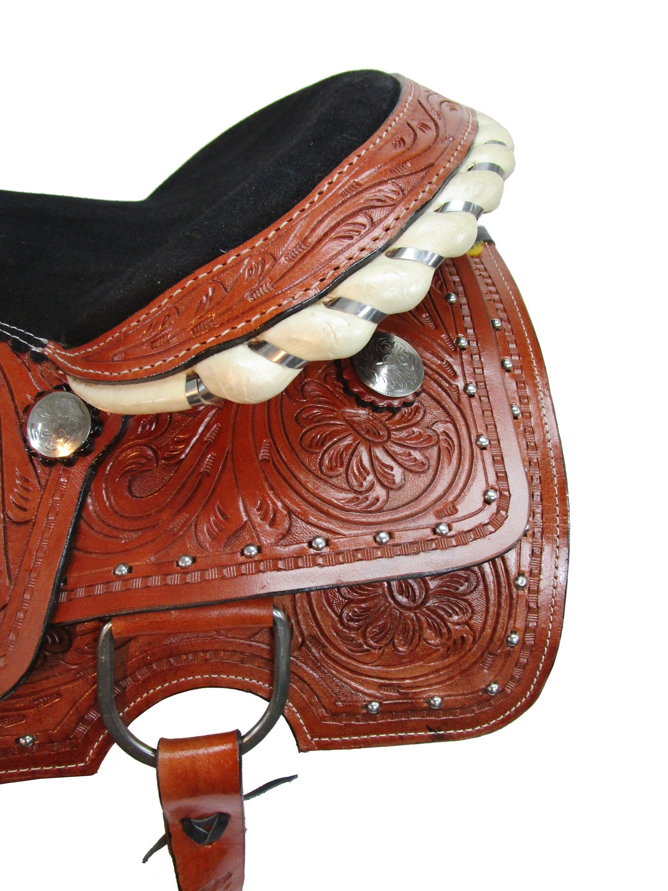 16 Semi acorn tooled Buffalo roper style saddle with rawhide silver laced  cantle.