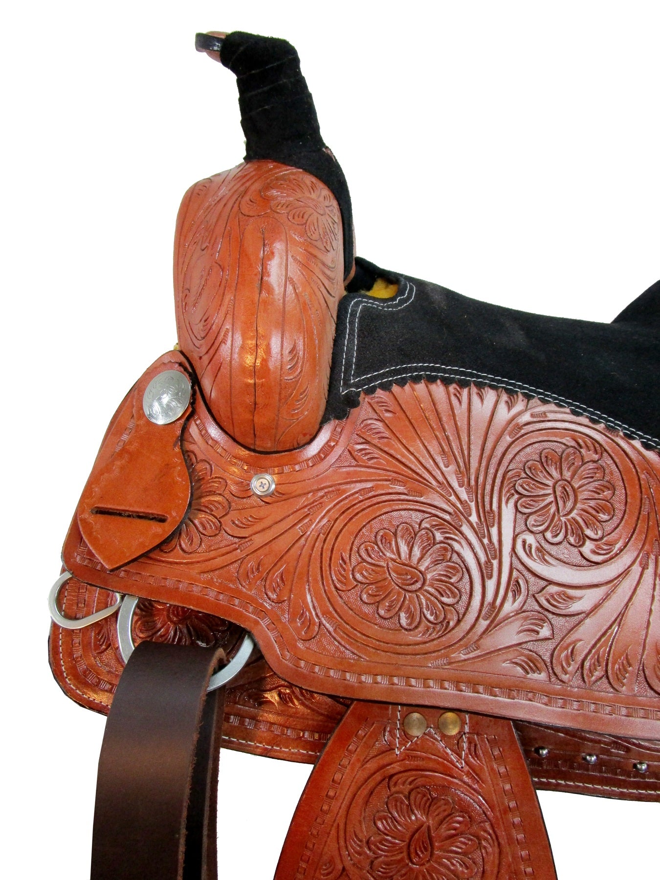 16 Semi acorn tooled Buffalo roper style saddle with rawhide silver laced  cantle.