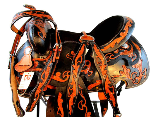 14 15 16 Tooled Leather Trail Show Black Western Saddle Tack Set